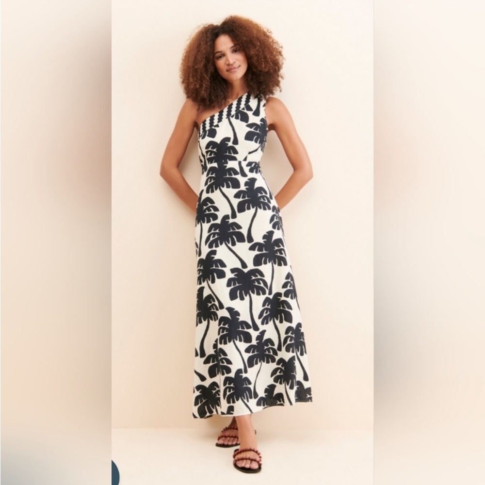 Farm Rio One Shoulder Linen Palm Tree Dress